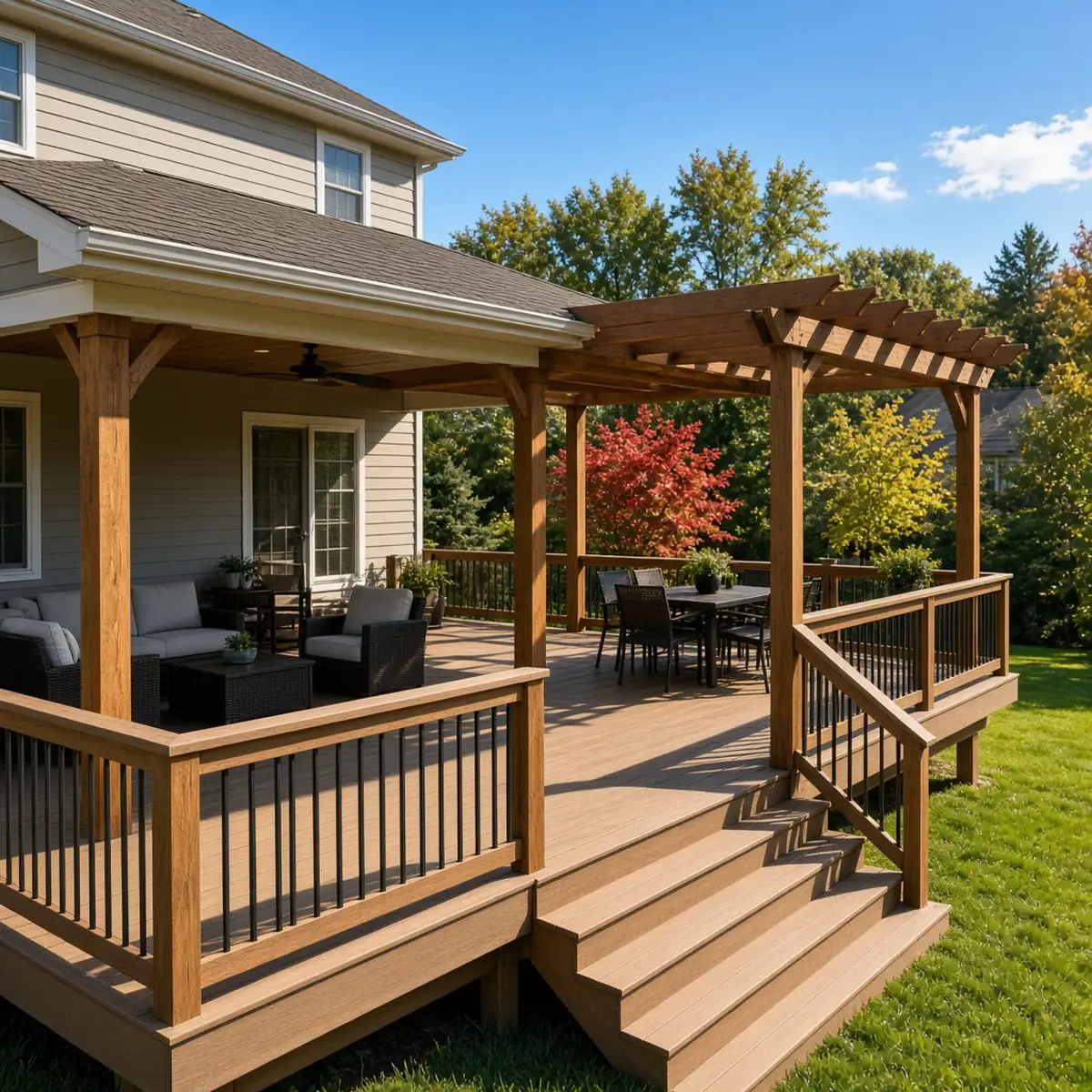 A covered deck and an adjoining open pergola section.