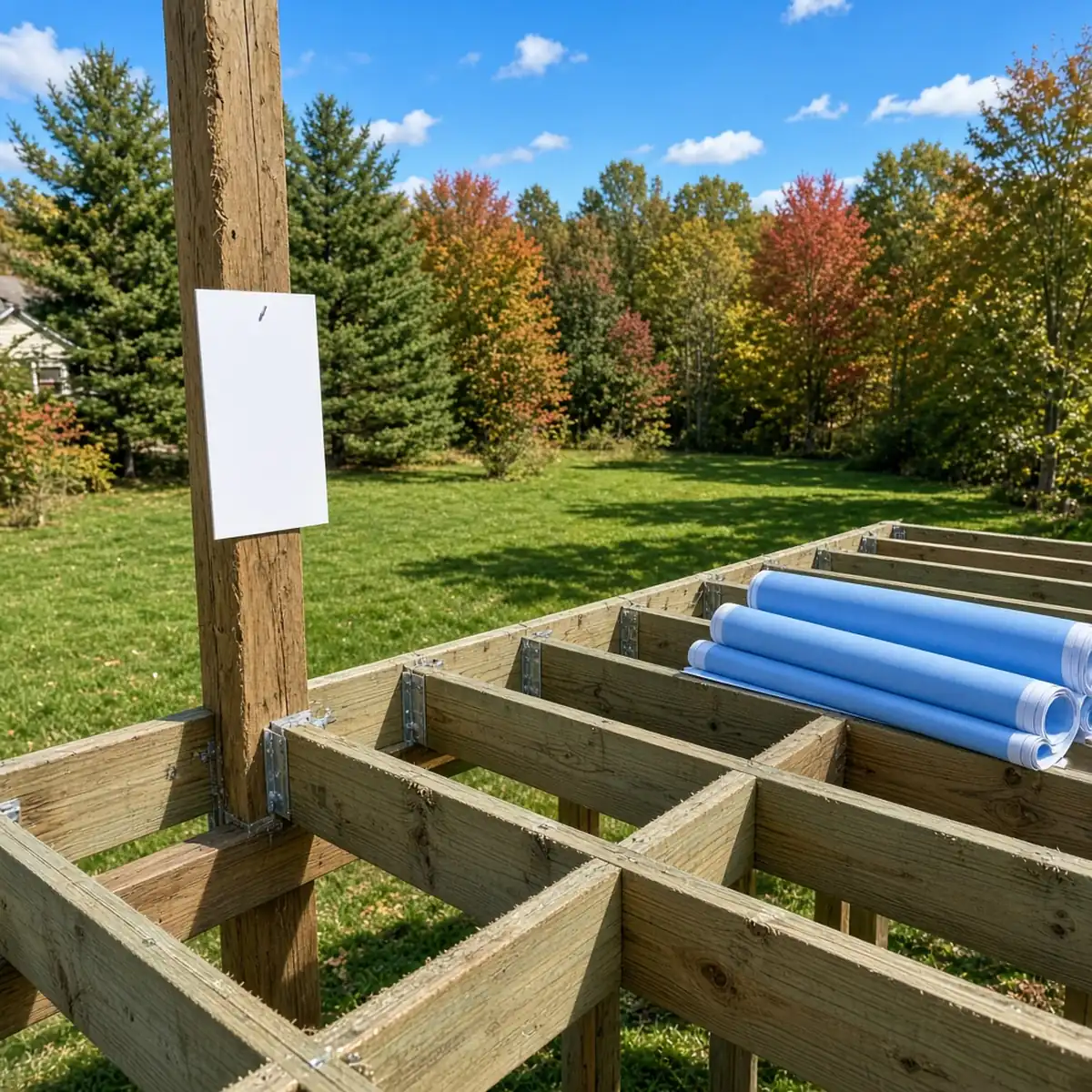 A deck permit placard and plans resting on a partly built deck frame.