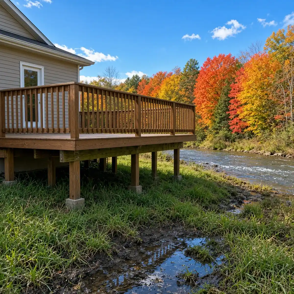 A low backyard near Perkiomen Creek with a deck above damp ground.