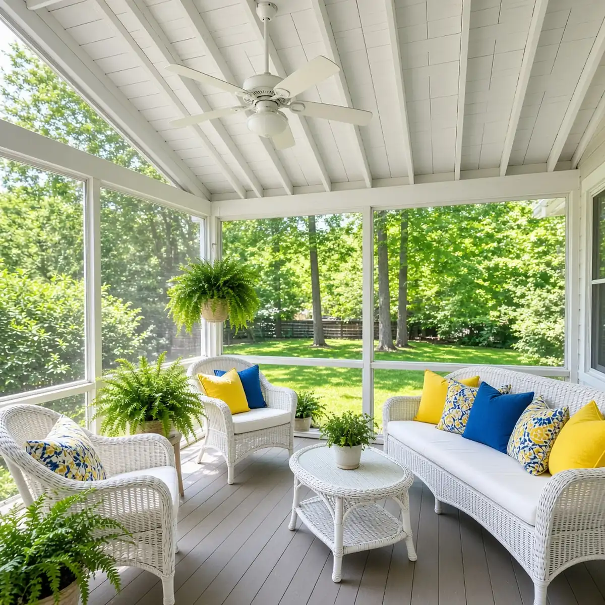 A bright screened porch with a vaulted ceiling and seating.