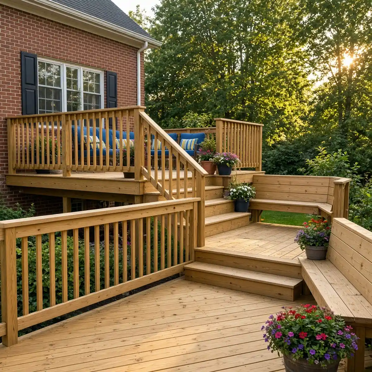 Finished multi-level wood deck with railings behind a brick Pennsylvania Colonial.