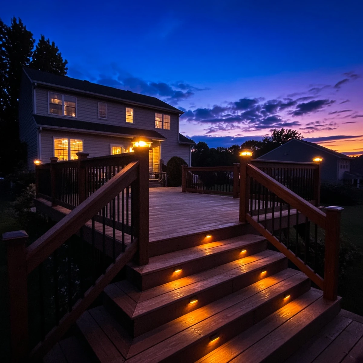 Low-voltage deck lighting on posts and stairs at dusk.