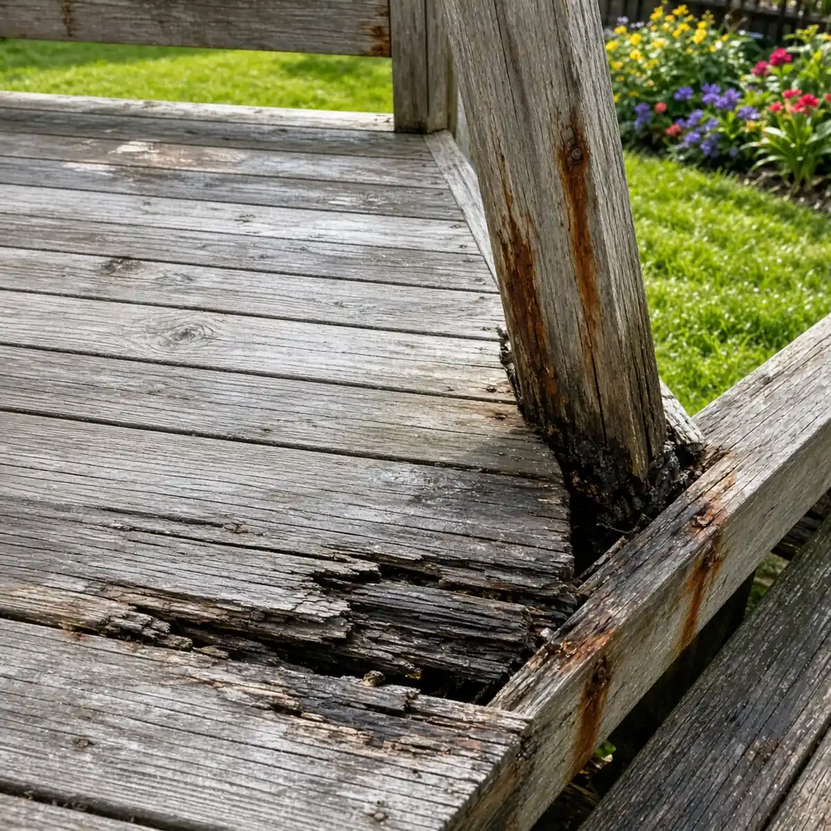 Weathered deck boards with rot and a pulling ledger before repair.