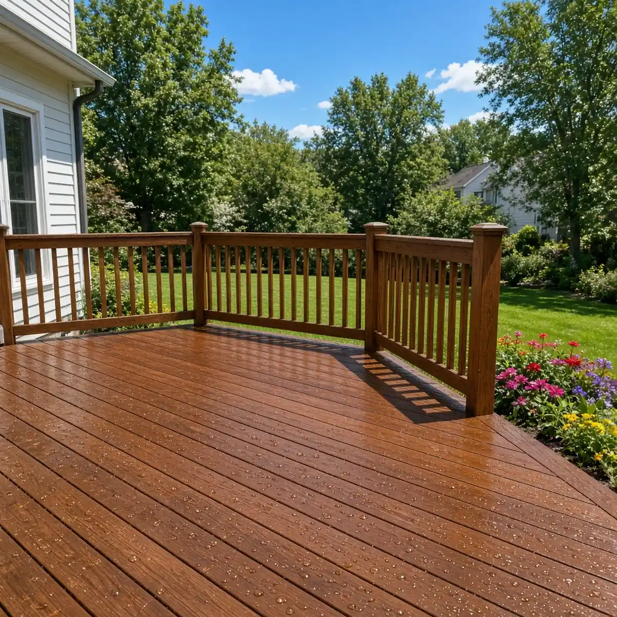 Freshly cleaned and re-stained wood deck in a warm brown tone.