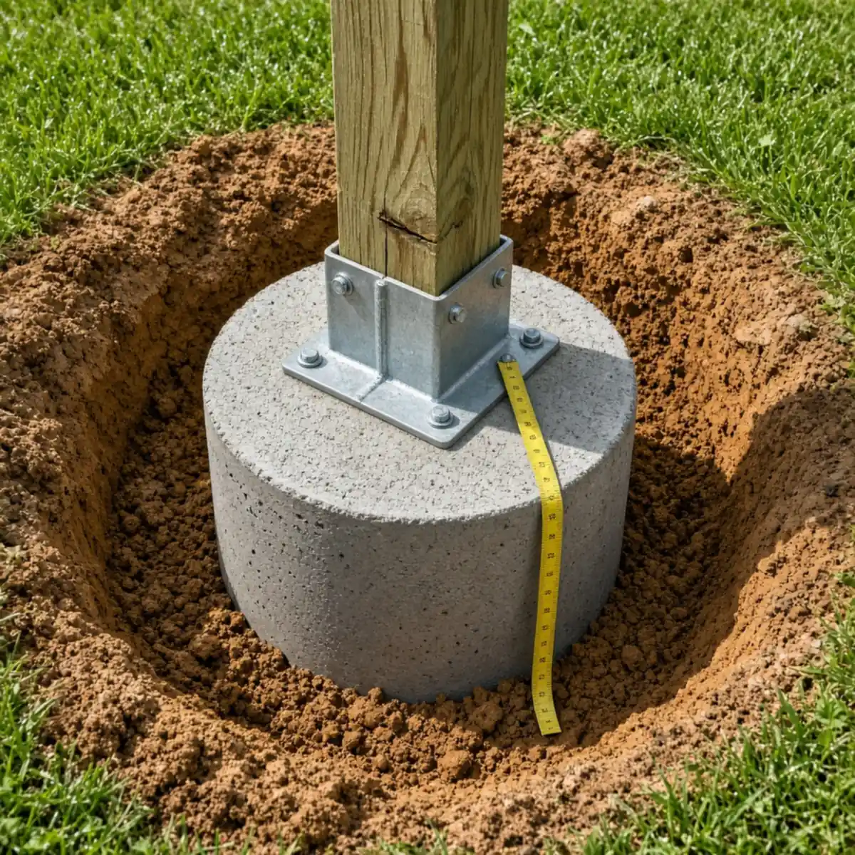Deck post footing set in a poured concrete pier below frost depth in a Pennsylvania yard.
