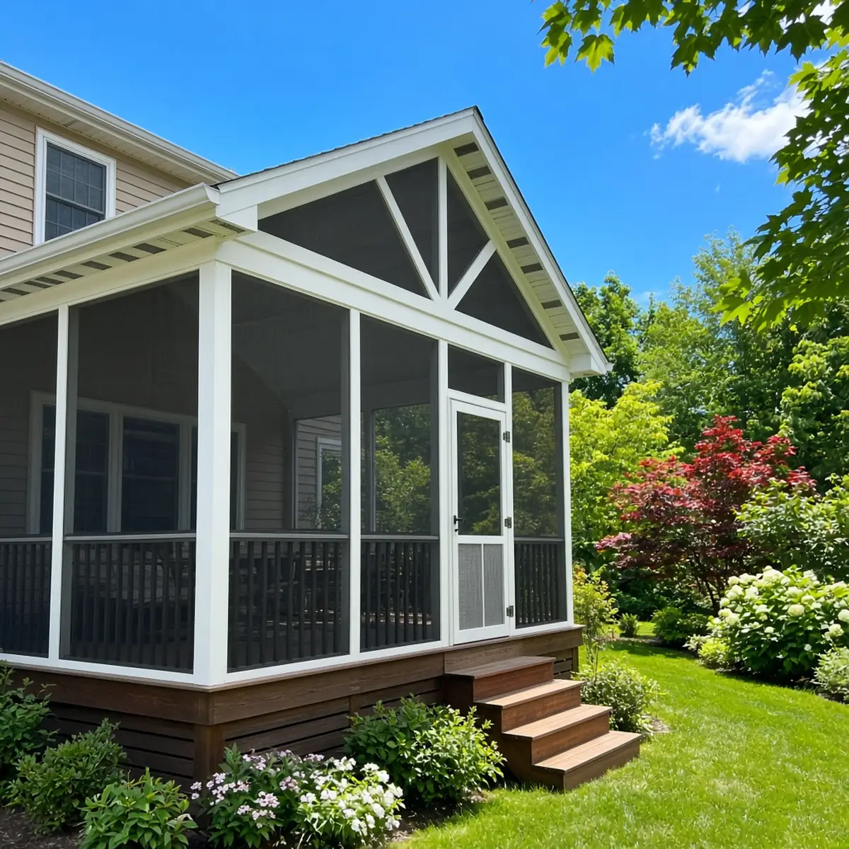 Screened-in porch with a gable roof attached to a Pennsylvania home.