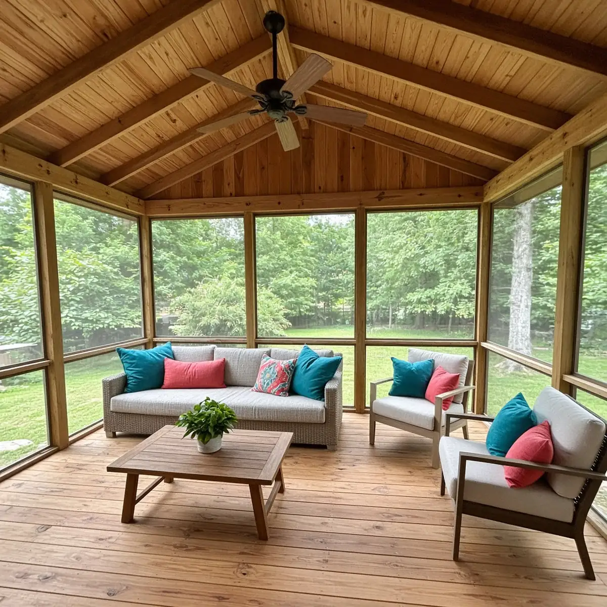 Inside a screened porch with a ceiling fan and outdoor furniture.